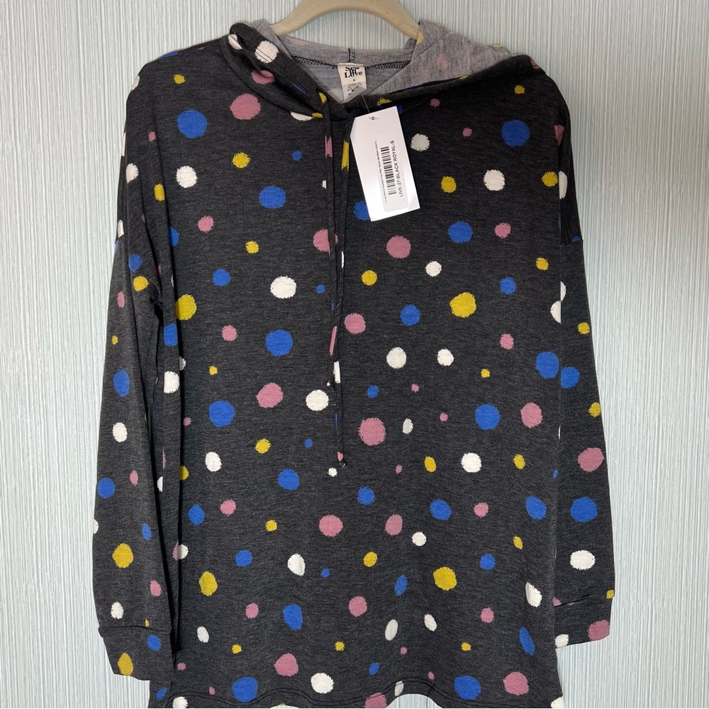 Sew in Love Long Sleeve Hooded Shirt Dk Gray Multi Color Dots Women’s Sz. Sm NWT